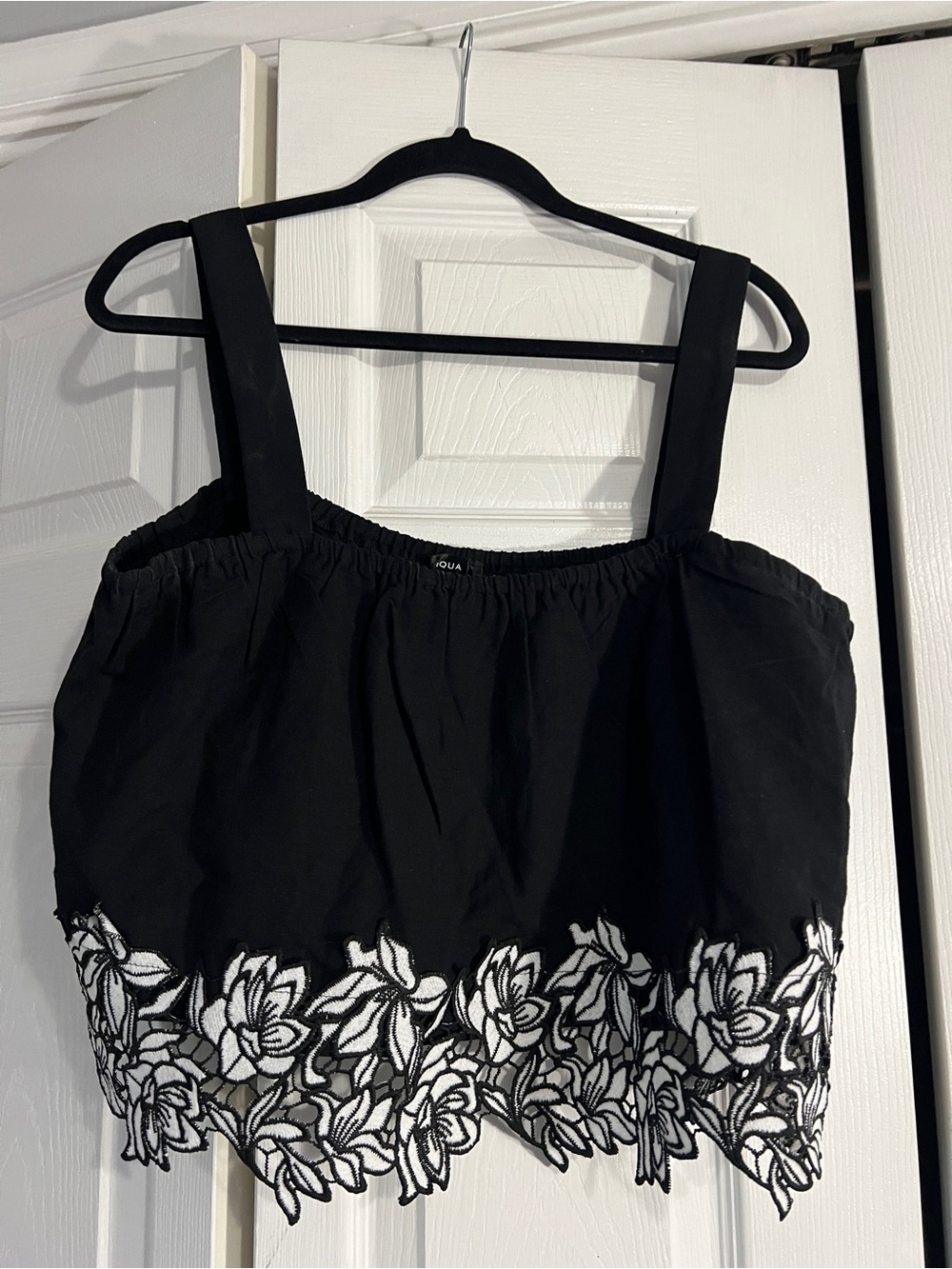 Aqua Black Top with White Floral Lace Trim